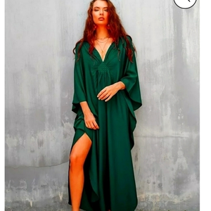 💜 Hunter Green Maxi  Caftan Dress One‎ Size Resort Lounge